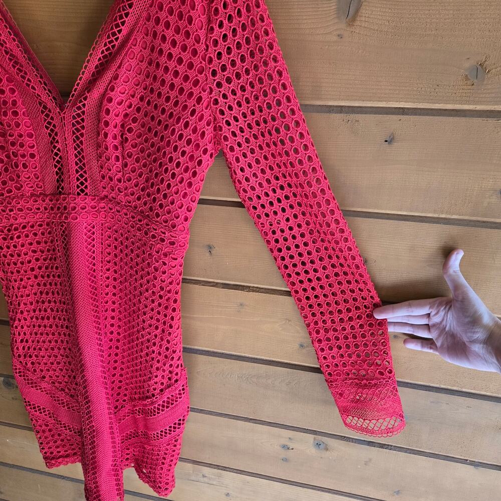 ASTR Mini Dress Red Eyelet Bodycon Long Sleeve Cutout Semi Sheer NWT M Mesh - Picture 4 of 5